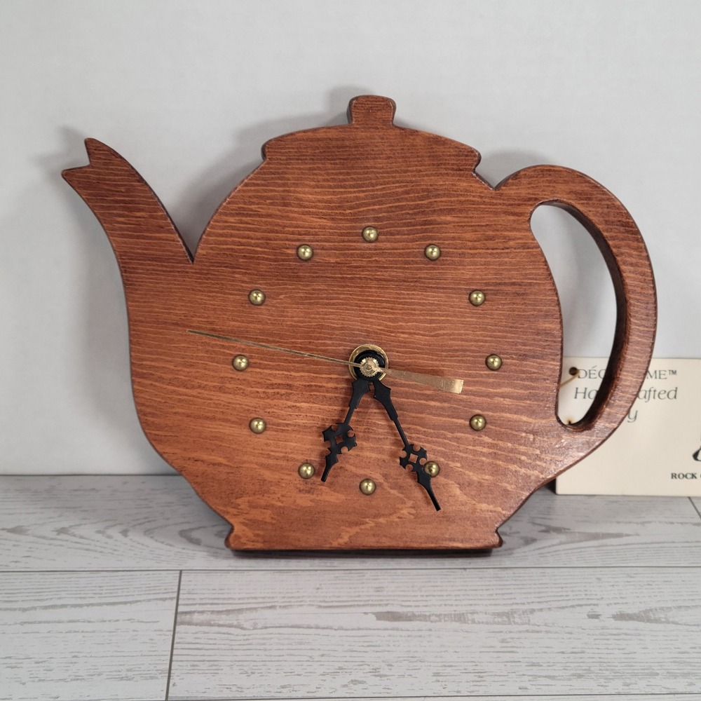 Teapot Wall Clock Wood Handcrafted NEW Decor-Time Vintage Brown Kitchen Battery